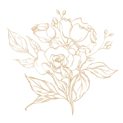 Beige floral line art illustration featuring blooming roses and leaves with a minimalist, elegant design.