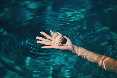 Open hand in water holding a shell, symbolizing healing, receiving, and subconscious transformation