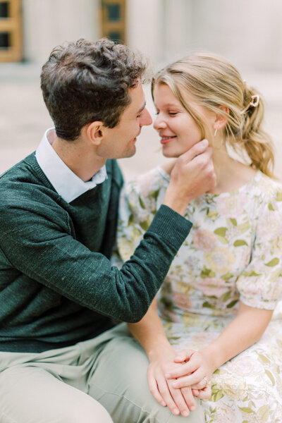 Bride and groom nose to nose during engagement photos at The Frick in Pittsburgh 
