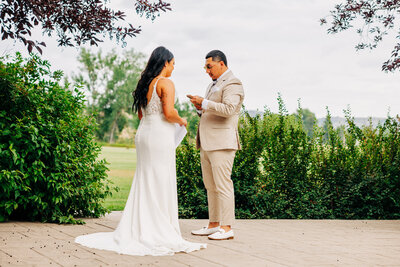 Montana bride and groom first look at Chancey's Event Center in Huntley, MT