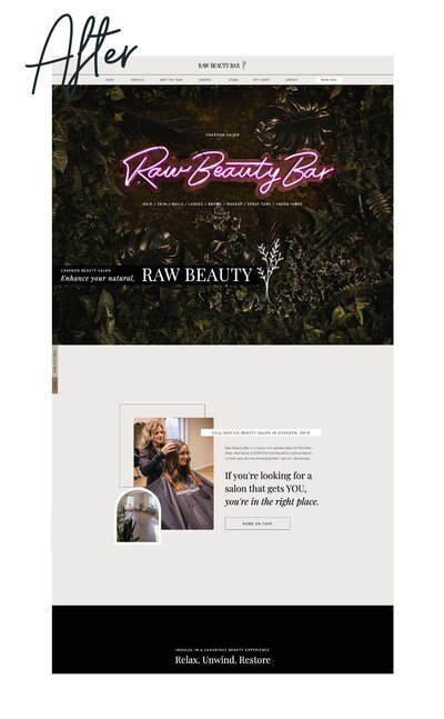 After image of Raw Beauty Bar’s updated website, showcasing an elegant layout with improved functionality.