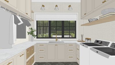Ashley de Boer Interiors creates a transitional kitchen and dining room featuring traditional elements blended with contemporary and French accents.