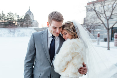 Downtown St Paul History Center Winter Wedding bride and groom