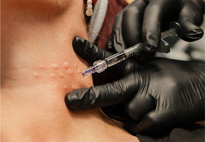 Close up of a nurse is injecting Botox or another injectable into a patient's neck.