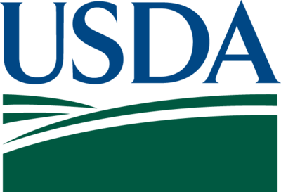 USDA logo blue letters green hills
