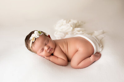 Newborn baby girl on a pink background with a pink flower headband