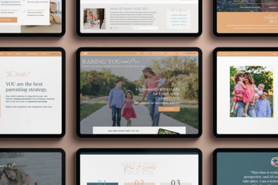 Multi-tablet layout of the Raising You and Me website.