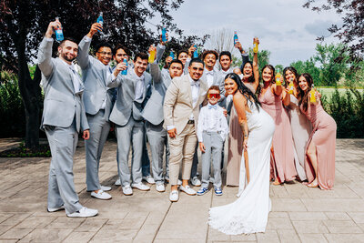 Bride and groom with bridal party at Chanceys Event Center in Huntley, MT