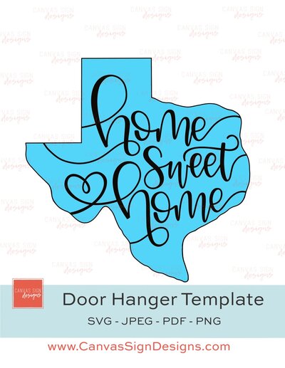 Blue Texas shape with home sweet home cursive hand lettered in black