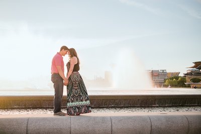 Engagement session image in front of the fountain at Point State Park in Pittsburgh, PA