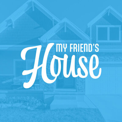 My Friend's House Branding Identity Creation - White Logo on a blue background