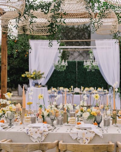 Natural and organic wedding reception table design at the Andaz Resort with yellow blooms by Snapdragon Bloom Bar