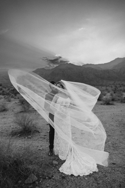 Bride and groom embracing under a flowing veil in the La Quinta desert, photographed by Auburn Blue Photography.