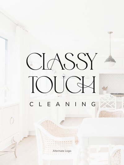Alternate vertical logo presentation for Classy Touch Cleaning, showcasing modern serif lettering with generous spacing over a light-filled kitchen backdrop.