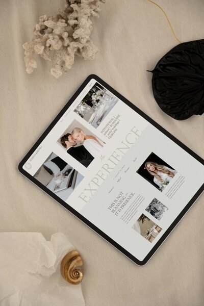 Mobile display of wedding planner showit website template showcasing the “Collections” page layout, styled with editorial event imagery and soft neutral design.