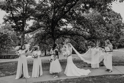 Bridal party lines up near huge Oak tree at Cheekwood Garden in Nashville, TN.