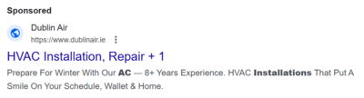 Dublin Air's Google search advertisement showcasing HVAC installation and repair services in Dublin.