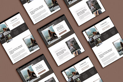 A compendium of Lumen template variations: the same structure adapted with different color palettes and imagery (brown/blue, light pink/magenta, brown/purple) to show design flexibility and brand-fit.