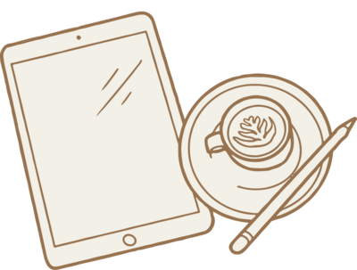 A simple line drawing of a tablet, a cup of coffee with latte art on a saucer, and a stylus pen—perfect inspiration for anyone looking to become a white label designer.