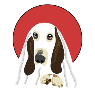 Illustration of Basset Hound wearing ghost costume
