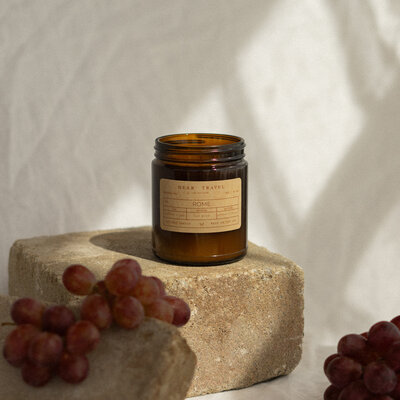 Brussels travel themed candle with wood wick and natural soy in a reusable container