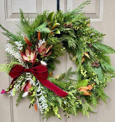 custom wreath with red and tan