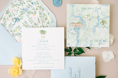 Custom invitations with watercolor chinoiserie patterned envelope liner