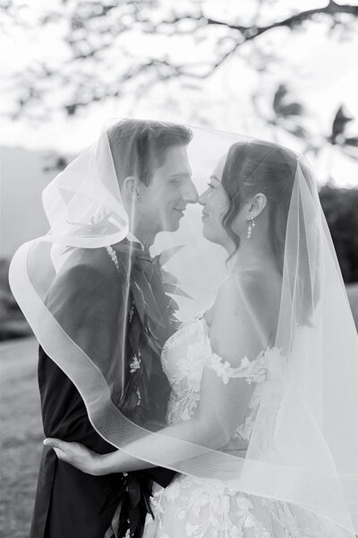 A wedding couple standing under a veil about to kiss 