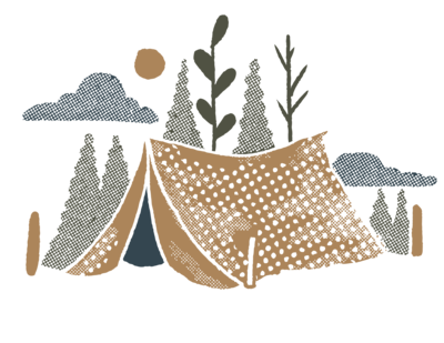 hand drawn tent with trees and clouds