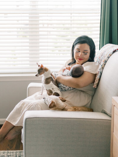 Mom sitting in chair with newborn baby and dog.