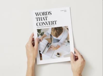 Cover of The Client Magnet SEO Framework workbook for websites, created by Well Curated Studio featuring a businesswoman celebrating success at her desk.