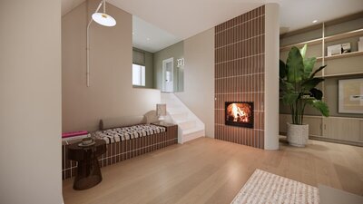 Interieurontwerp  realistische 3d tekening met grote terracotta kleurige bank in de woonkamer
