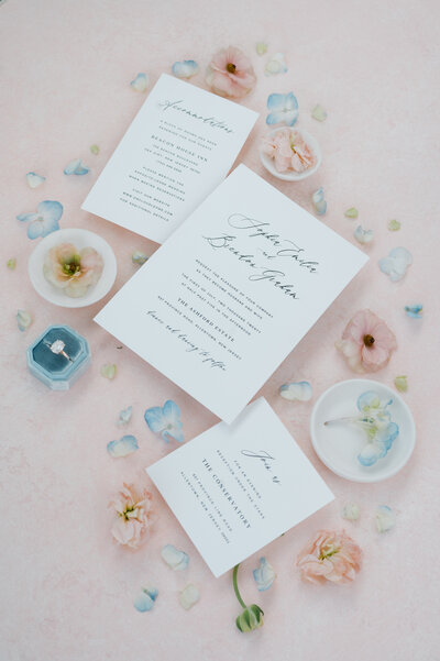 Wedding invitation with a pink background and pink and blue flowers surrounding, with blue ring box. Photo by Anna Brace who specializes in Des Moines IA Wedding Photography