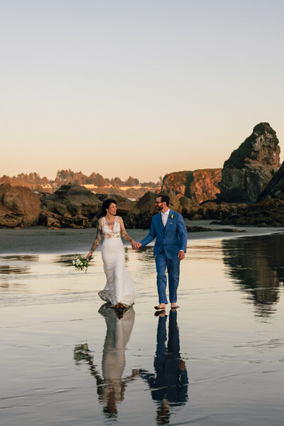 Brookings Oregon Coast elopement at Harris Beach with a bride & groom at sunset.