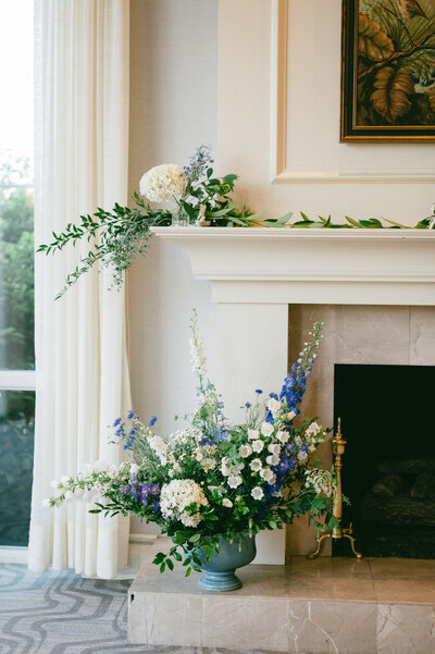 Details image of florals for fireplace ceremony