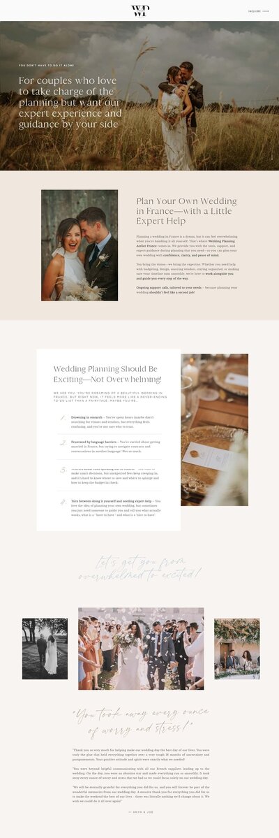 Website home page for wedding planning concierge service Wedding Planning Atelier France