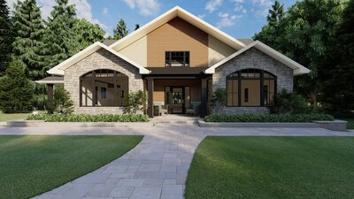 Custom Home Render with a walkway across the grass