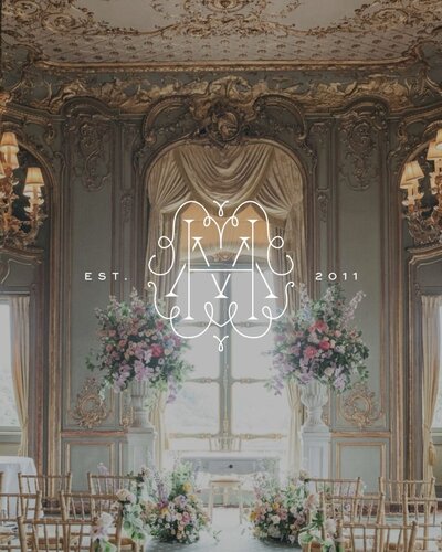 Intricate brand identity for a wedding photography team, overlaid on Cliveden House interior.