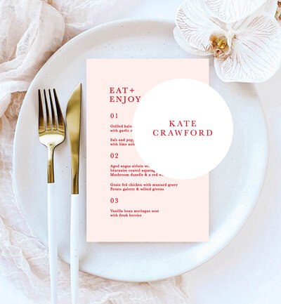 Arch menu and wave place card in big love design, neutral colours