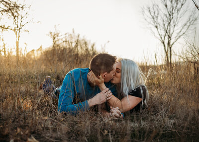 Kyleigh Fulwider and Gabe Torres pose for engagement photos at Lake Arcadia in Edmond, Oklahoma.