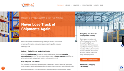 Screenshot of First Call Logistics website logistics technology page with copywriting by Anna Bradshaw Content Co.