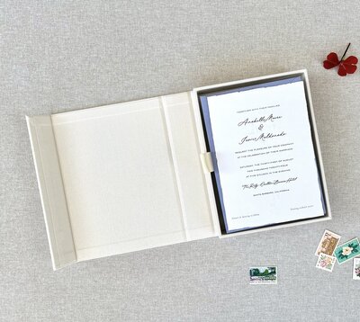 Linen keepsake box for wedding invitation, Keri Leo Design