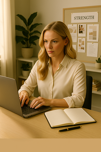 "Focused businesswoman working on a laptop with notebook, planning goals and strategy under a Strength vision board.
