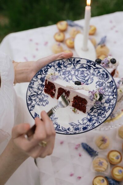Two hands are shown holding a plate, white with a blue floral pattern, about to sink a fork into a slice of red velvet cake.