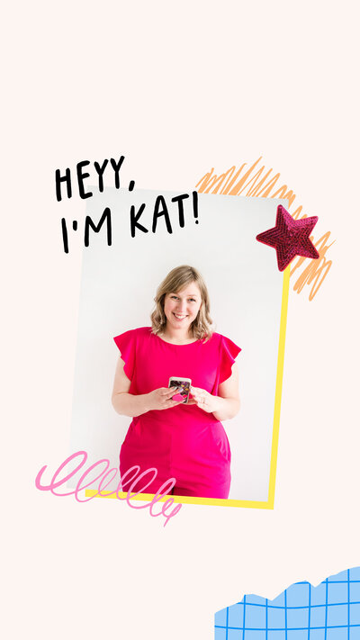 Photo of woman in pink jumpsuit with colorful brand icons and text that says "Heyy, I'm Kat!"