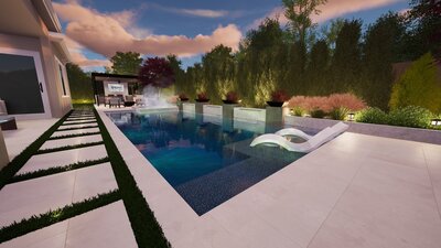 Modern luxury outdoor space featuring a sleek pool with fire bowls, illuminated accents, a covered patio with a full kitchen, and stylish lounging areas.