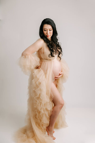 Portland Mom in white dress for maternity photos