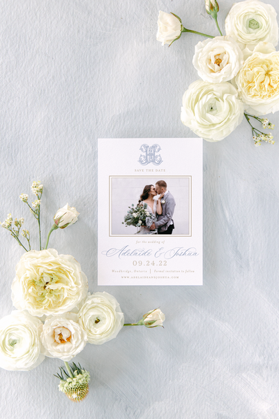Elegant wedding save the date card with custom monogram with printed picture of couple