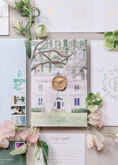 Light and airy wedding invitation suite with custom calligraphy
