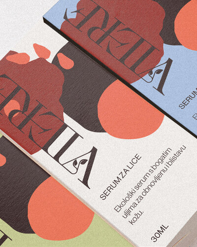 Luxury serum packaging for Viere grapeseed oil, featuring hand-drawn illustrations and premium design details.
